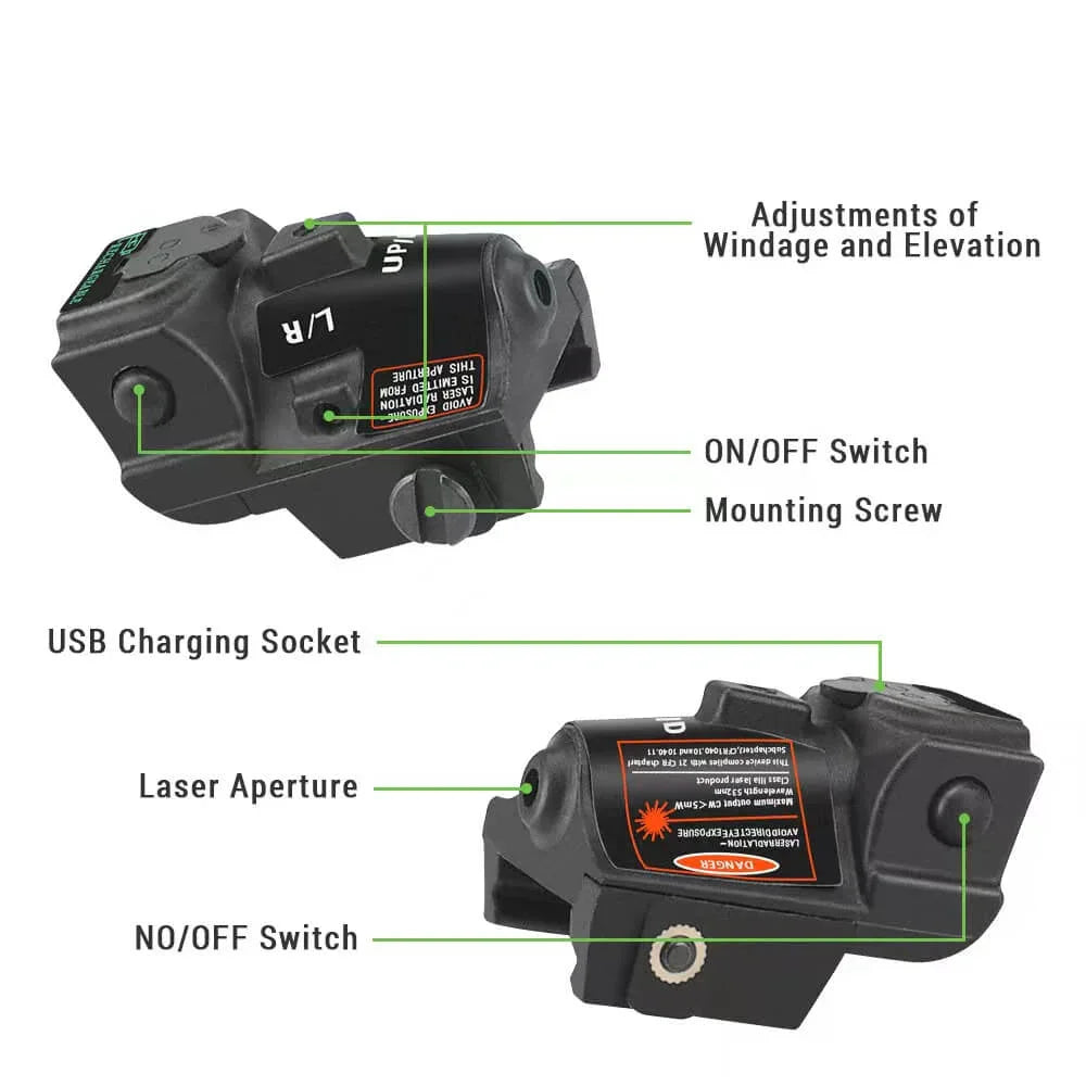 USB Rechargeable Mini Laser With Adjustable Rail Adapts to 20-23mm Rails