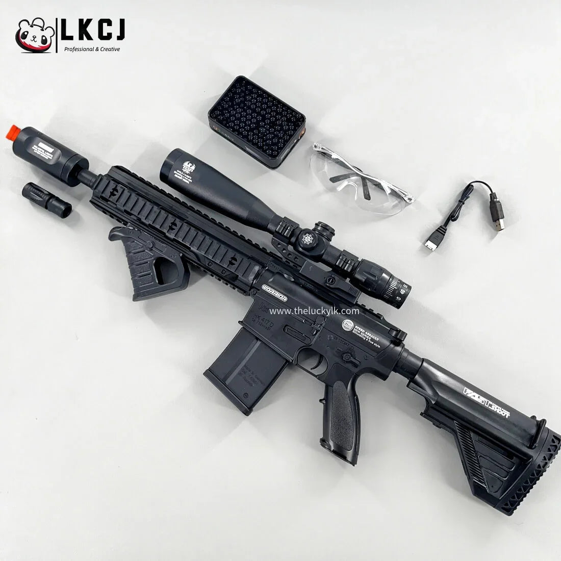 Exquisite Engraving HK417 Gel Blaster High Rate of Fire Smooth Shooting With 7 Colors of Lighted Silencer
