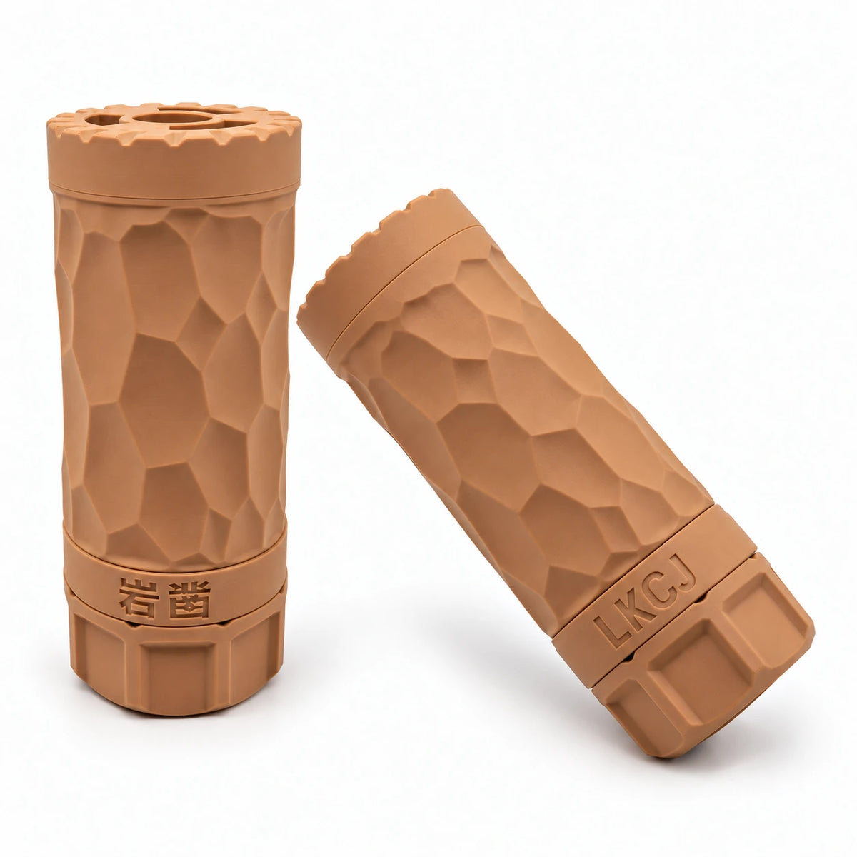 LKCJ Rock Carved smoke tracer in Sand with a faceted surface, shown from two angles