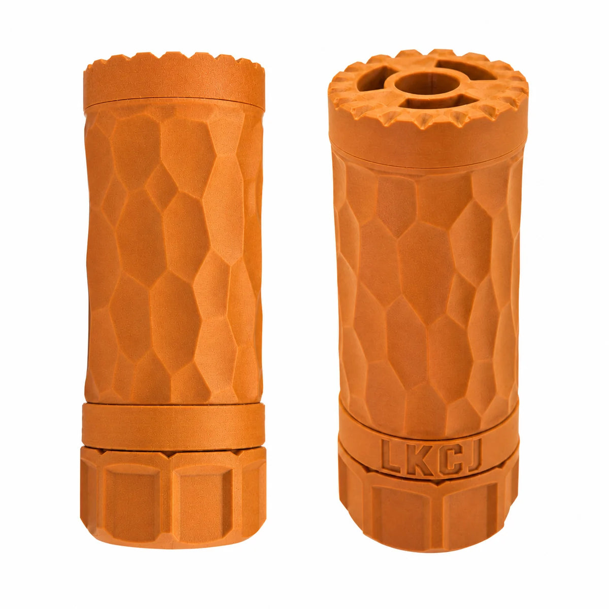 LKCJ Rock Carved smoke tracer unit in Yellow Teak, shown from two angles