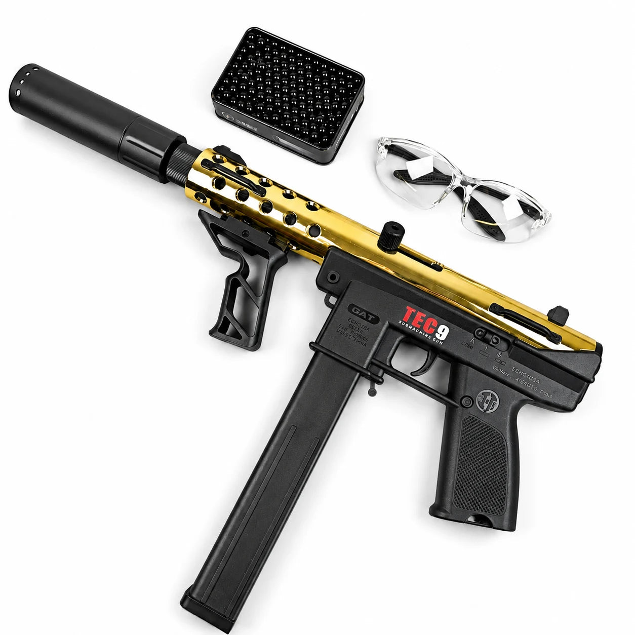Gold/Sliver TEC9 Gel Blaster With 7 Colors of Lighted Silencer