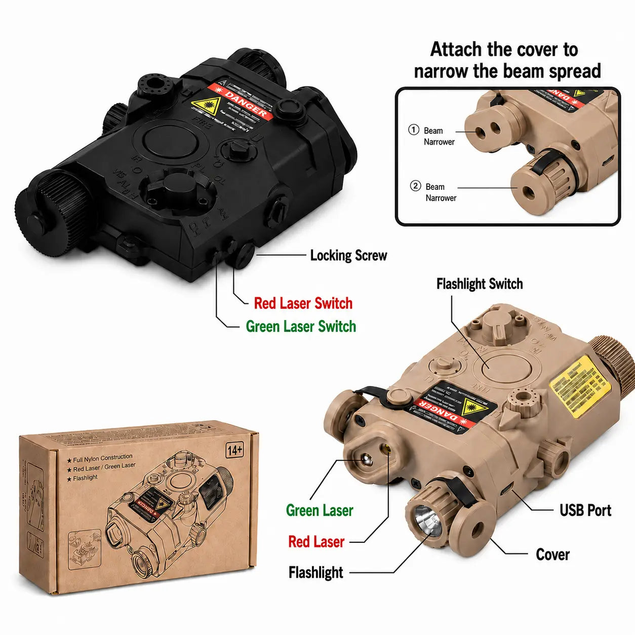 Red Laser+Green Laser+Flashlight Multifunctional Tactical Beam Battery Case