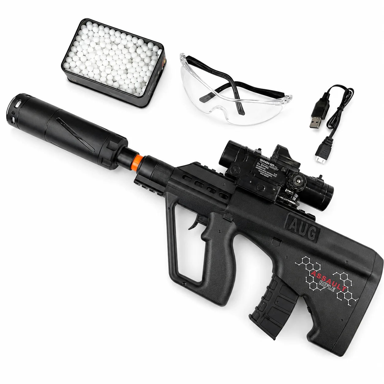 Mini Aug Gel Blaster With 7 Colors of Lighted Silencer Recommended Age Range: 10-15 Years