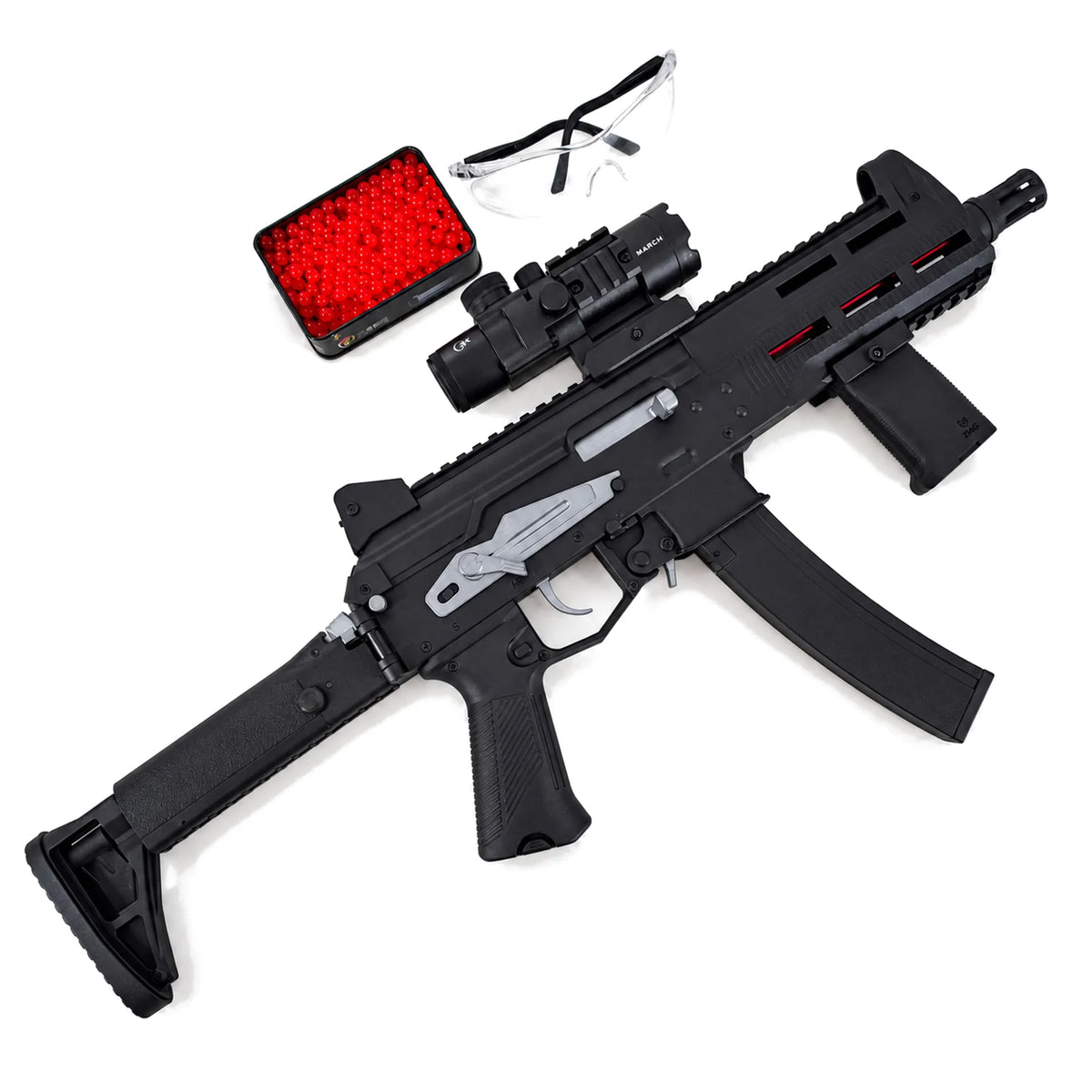 Black PPK 20 gel blaster with black muzzle tip, scope and foregrip, shown beside gel balls and goggles