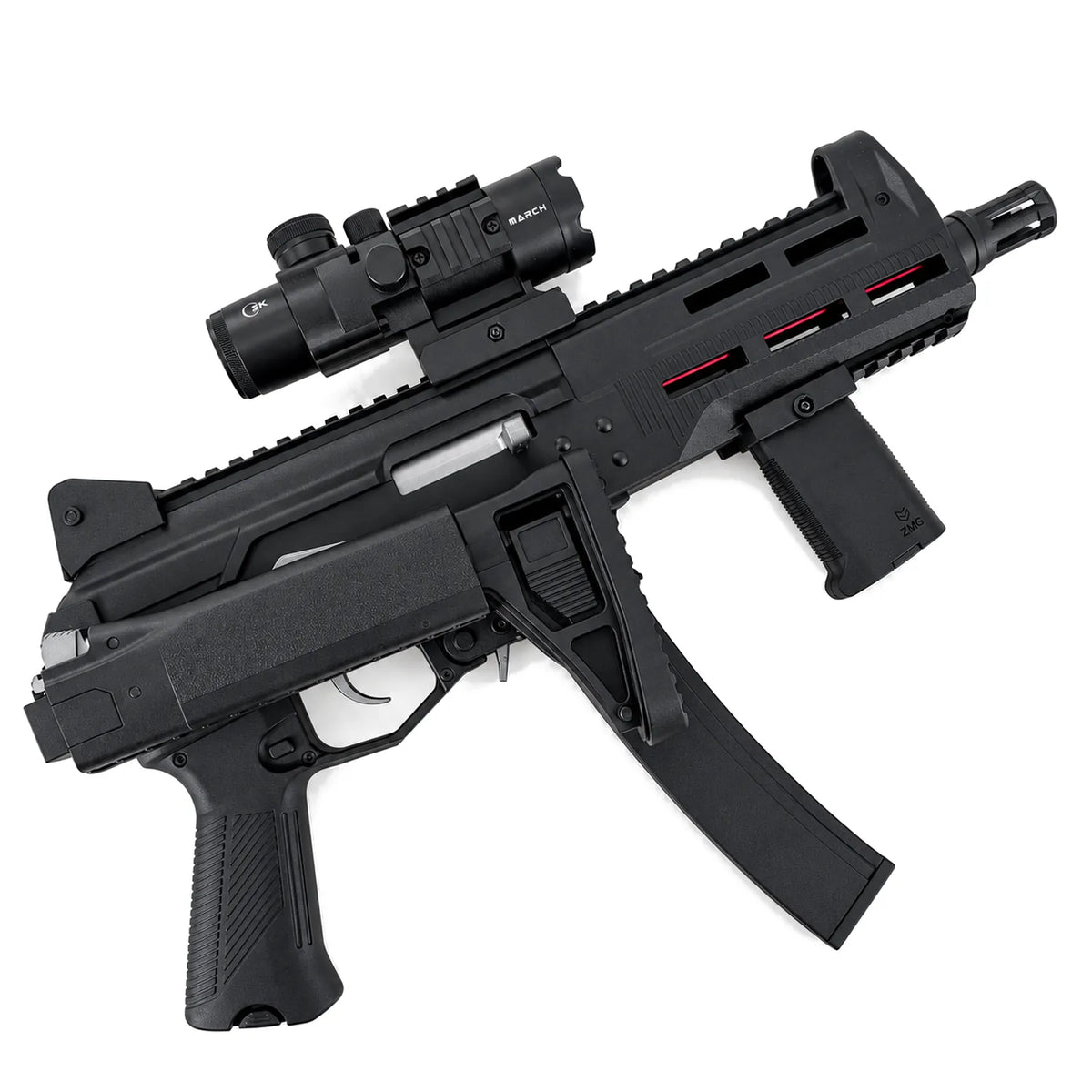 Black PPK 20 gel blaster with its stock folded alongside the body, scope and foregrip attached
