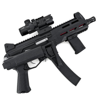 Black PPK 20 gel blaster with its stock folded alongside the body, scope and foregrip attached
