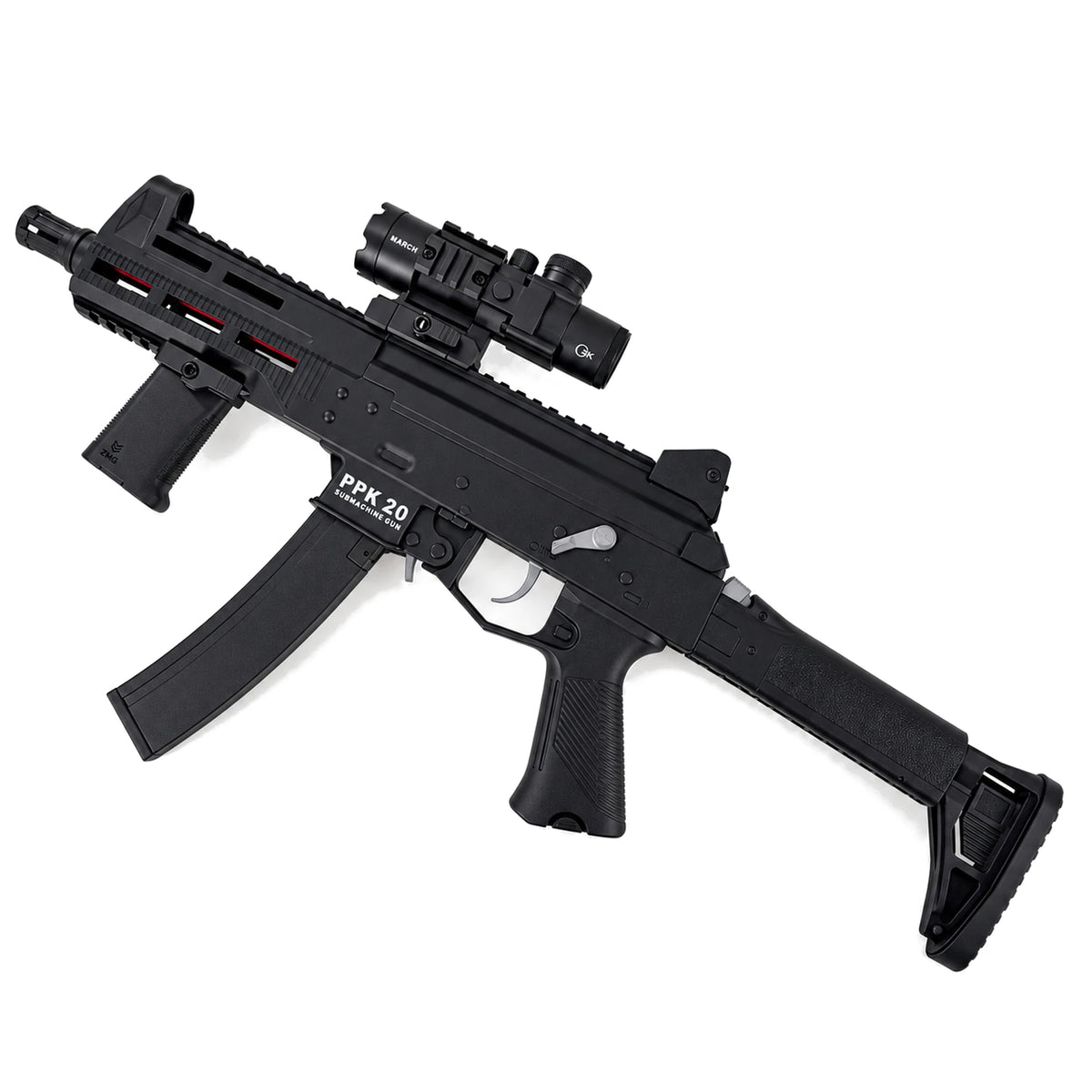Side view of the black PPK 20 gel blaster showing the receiver markings, scope and foregrip