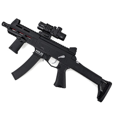 Side view of the black PPK 20 gel blaster showing the receiver markings, scope and foregrip