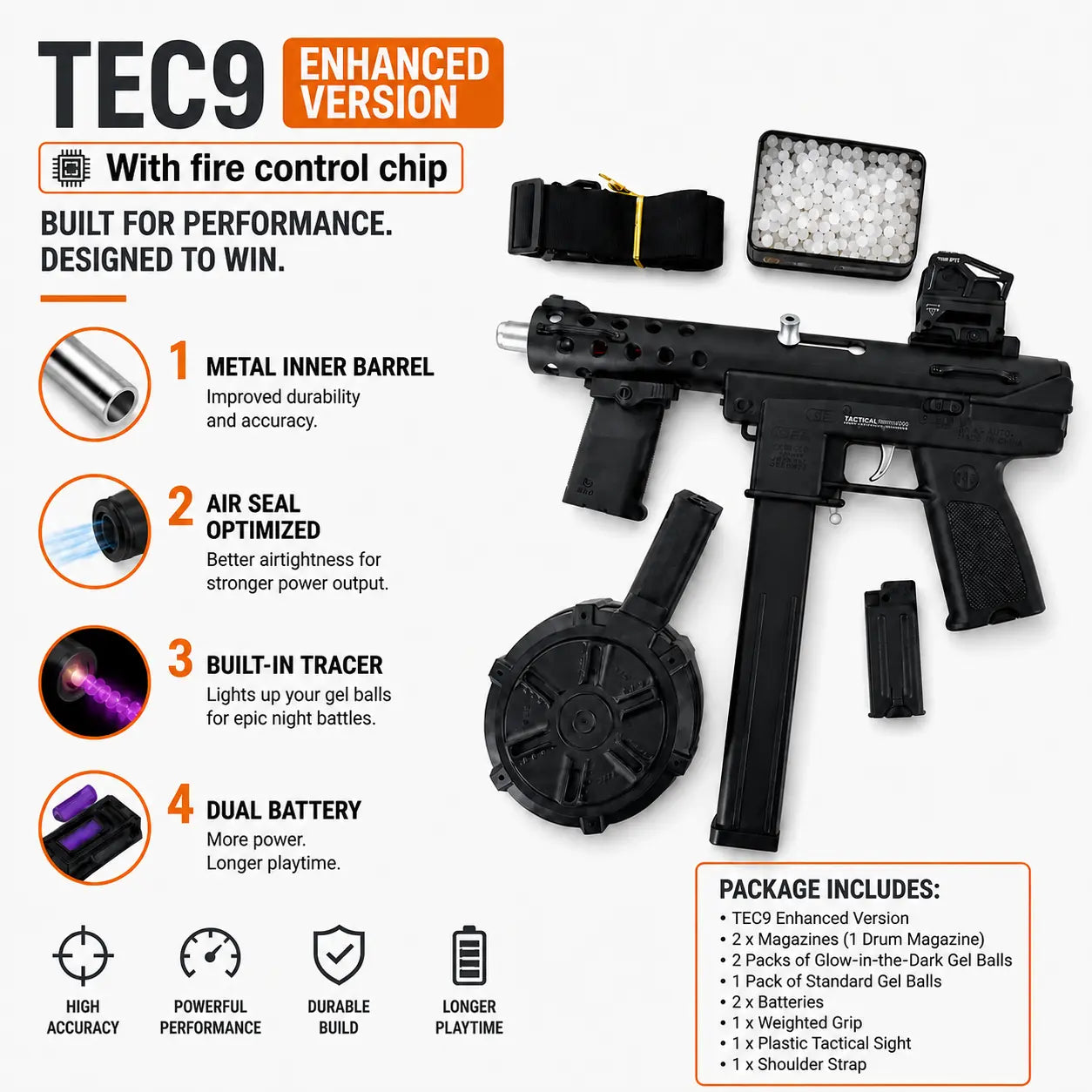 Gold/Sliver TEC9 Gel Blaster With 7 Colors of Lighted Silencer