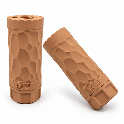 LKCJ Rock Carved smoke tracer in Sand with a faceted surface, shown from two angles