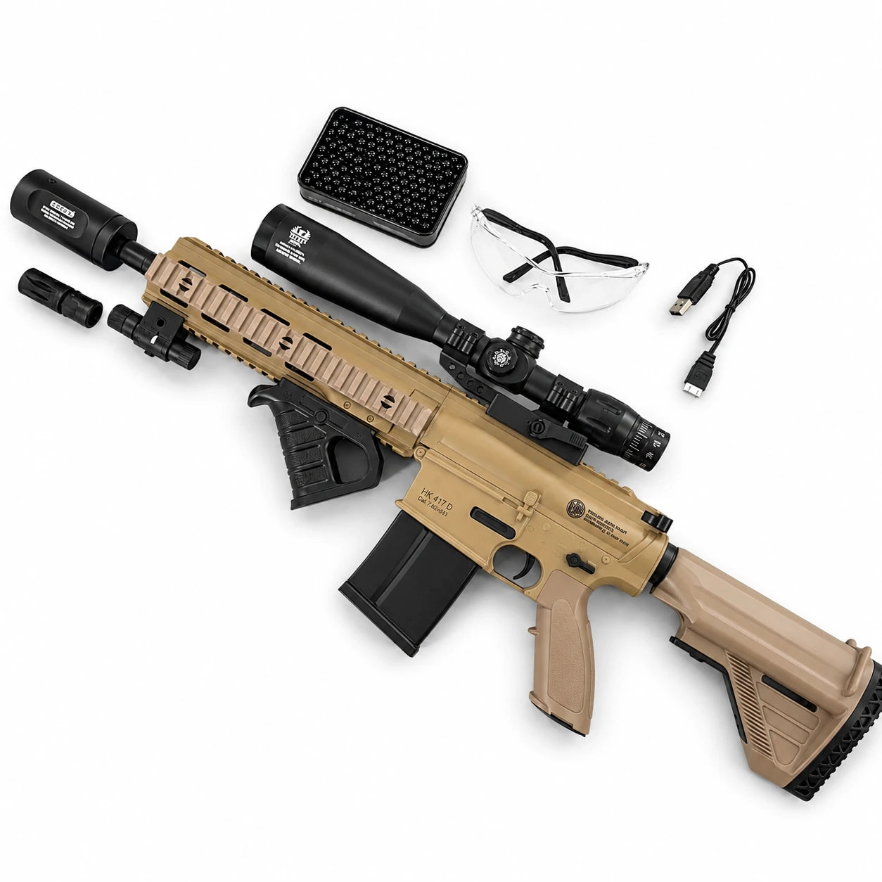 Exquisite Engraving HK417 Gel Blaster High Rate of Fire  Smooth Shooting With 7 Colors of Lighted Silencer