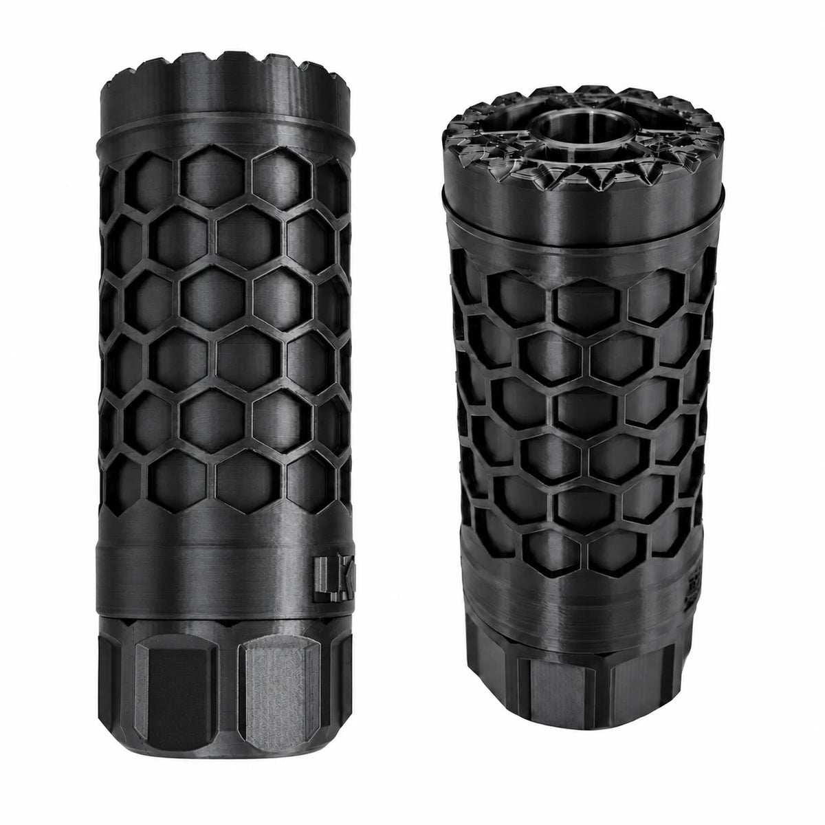 LKCJ Honeycomb smoke tracer unit in Silk Black, shown from two angles