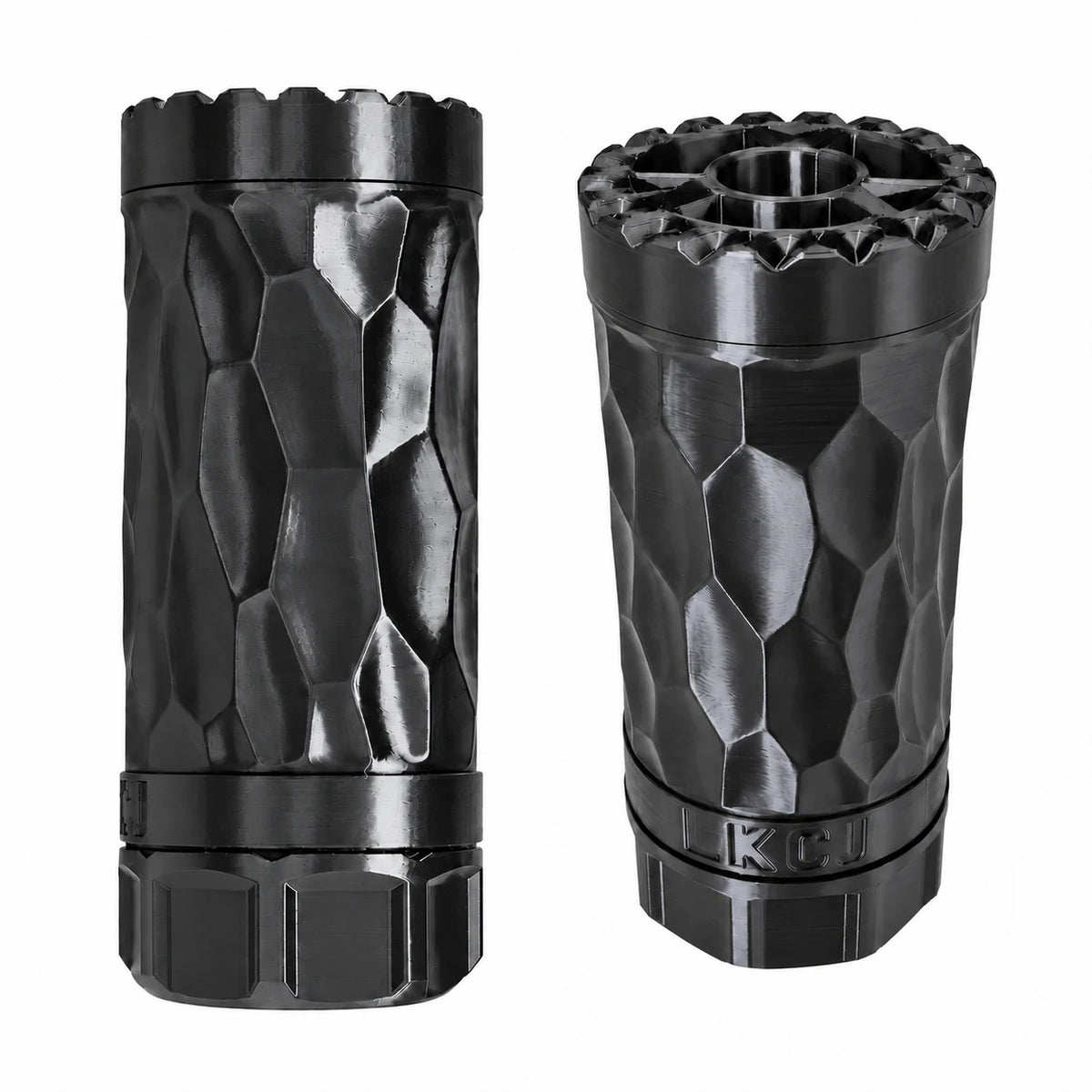 LKCJ Rock Carved smoke tracer unit in Silk Black, shown from two angles